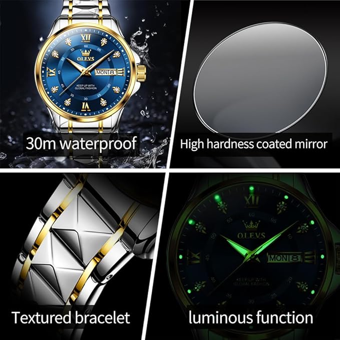 OLEVS Men’s Fashion Diamond Analog Quartz Watch with Stainless Steel Strap, Waterproof Design, Luminous Display & Date Function